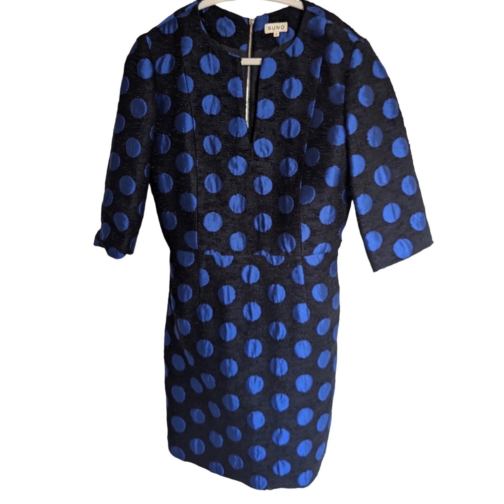 $669 SUNO Blk Blue Polka Dot Jacquard Sheath Dress Zip Sustainable Designer Sz 6